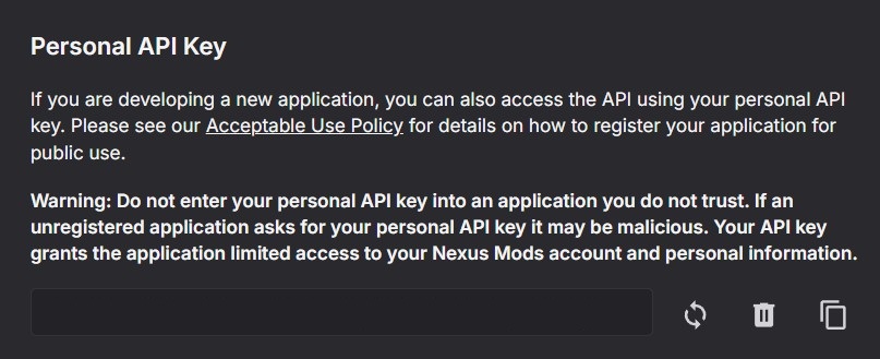 The Personal API Key panel at the bottom of the Nexus API keys page