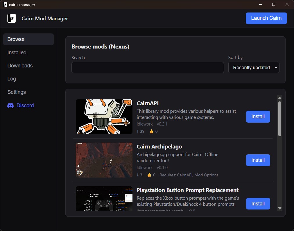 Cairn Mod Manager browsing mods from Nexus